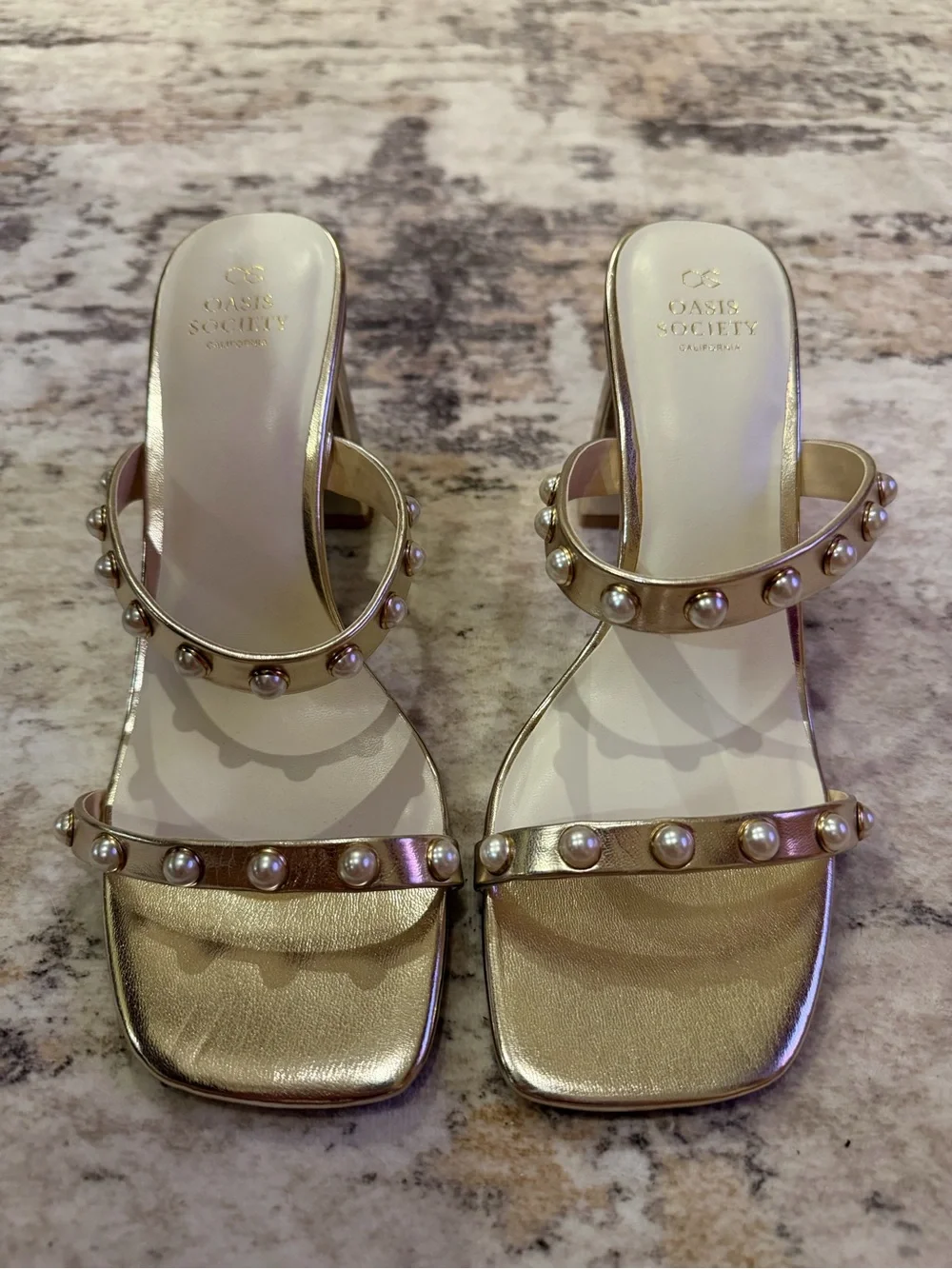 Pearl-Embellished Metallic Wedge Sandals - Gold
